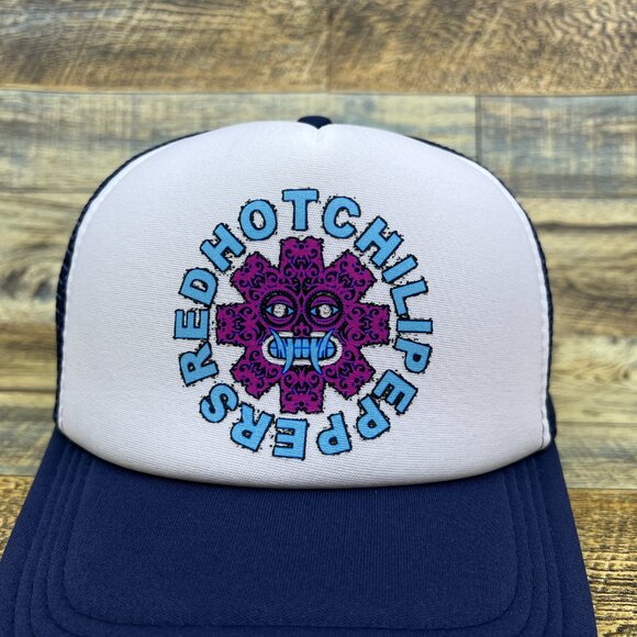 Red Hot Chili Peppers Mens Trucker Hat Navy Snapback RHCP Retro Logo Ball Cap - Picture 3 of 8